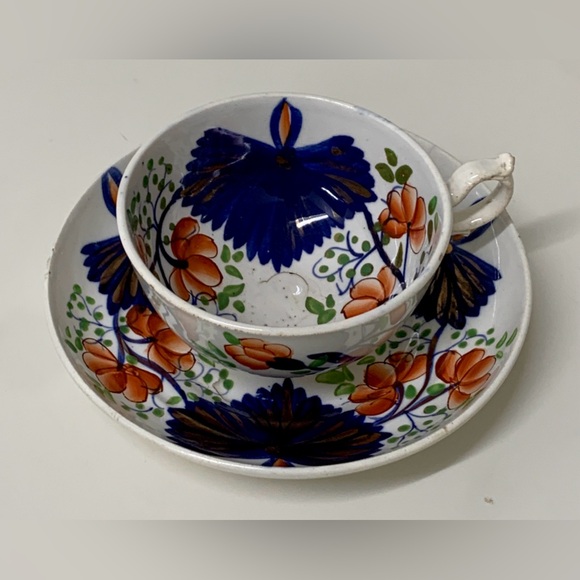 19th Century Antique Gaudy Welsh Butterfly Pattern Hand Painted Cup & Saucer Set - Picture 2 of 15